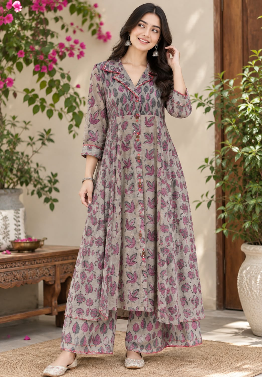 Pure Cotton Hand-Block Floral Print Collar Style Stylish Aline Kurta Pant Set-  16695