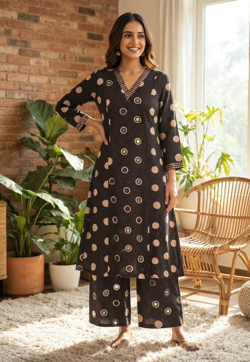 Black Abstract Printed Polka Dot Geometric Motif Detailing A-Line Kurta Pant Set- 16704