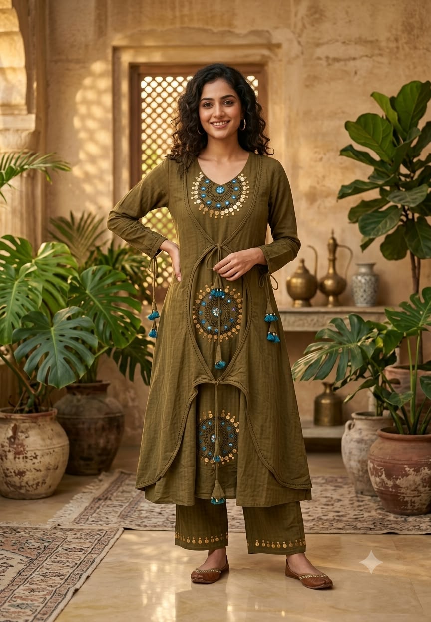 Artisanal Handloom Cotton Tribal Inspired Intricate Mirror & Sequin Work Over Lap Knots Kurta Pant Set- 16699