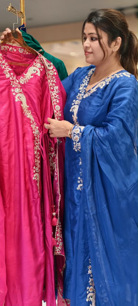 Fine Intricate Morni Floral Vine Embroidered Detailing Angrakha Pattern Russian Silk A-Line Full Suit Set With Dupatta-16813