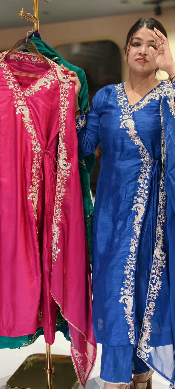 Fine Intricate Morni Floral Vine Embroidered Detailing Angrakha Pattern Russian Silk A-Line Full Suit Set With Dupatta-16813