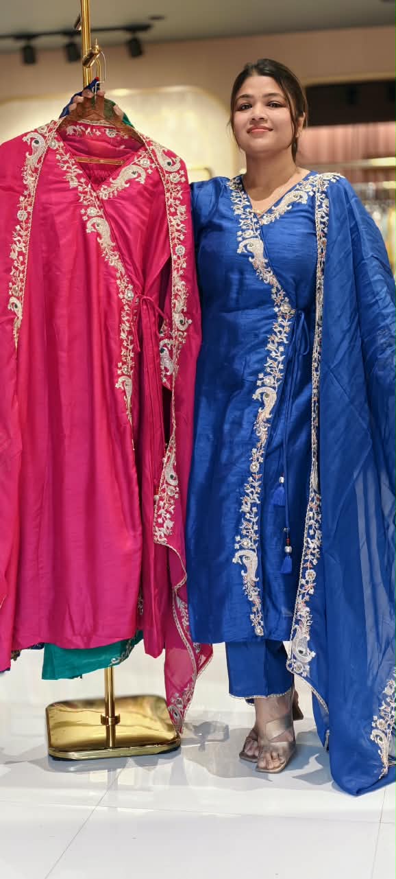 Fine Intricate Morni Floral Vine Embroidered Detailing Angrakha Pattern Russian Silk A-Line Full Suit Set With Dupatta-16813