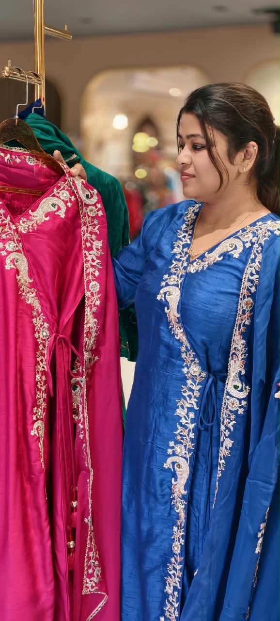 Fine Intricate Morni Floral Vine Embroidered Detailing Angrakha Pattern Russian Silk A-Line Full Suit Set With Dupatta-16813