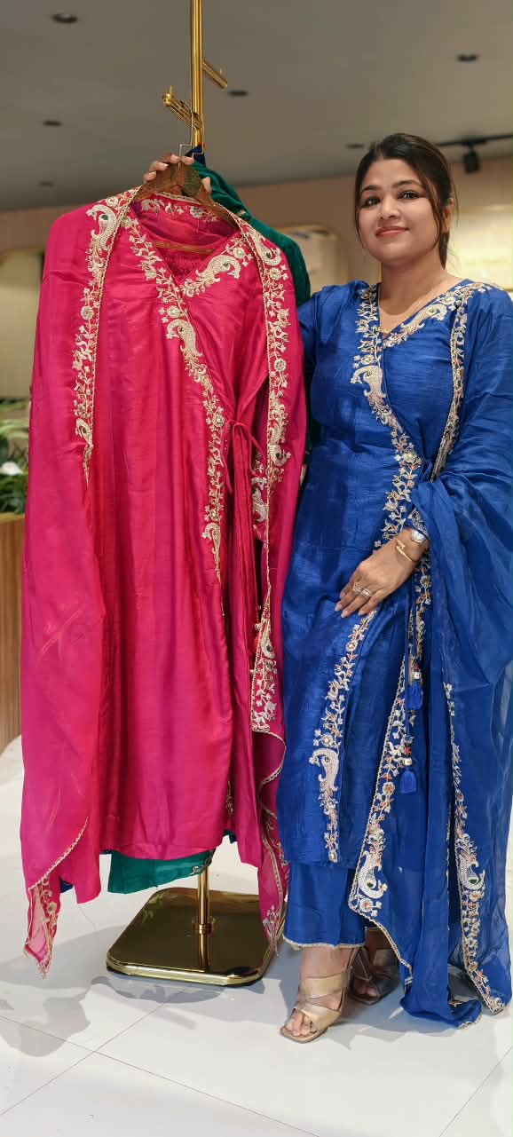 Fine Intricate Morni Floral Vine Embroidered Detailing Angrakha Pattern Russian Silk A-Line Full Suit Set With Dupatta-16813