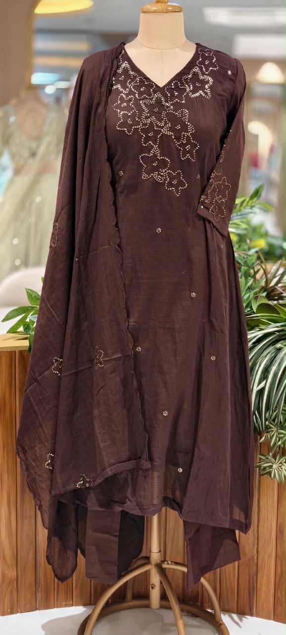 Katha Stitch Embroidered Star Accent Premium Cotton A-Line Full Suit Set With Matching Dupatta- 17014