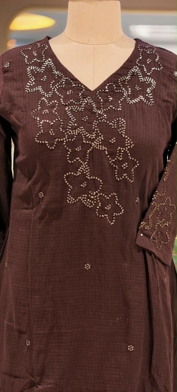 Katha Stitch Embroidered Star Accent Premium Cotton A-Line Full Suit Set With Matching Dupatta- 17014