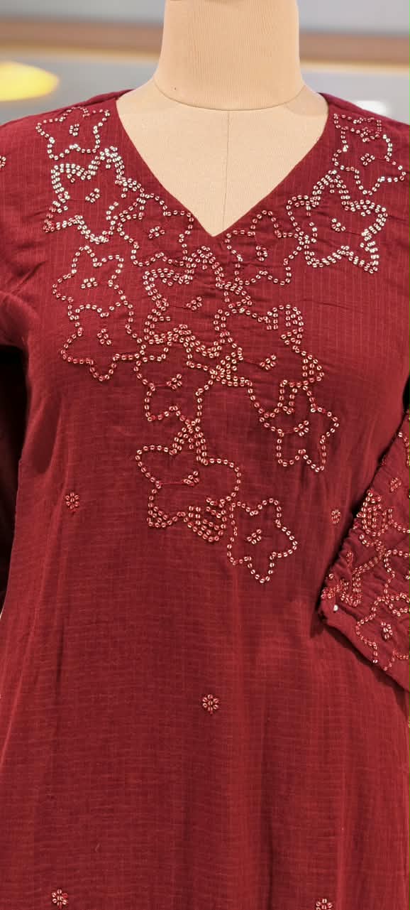 Katha Stitch Embroidered Star Accent Premium Cotton A-Line Full Suit Set With Matching Dupatta- 17014