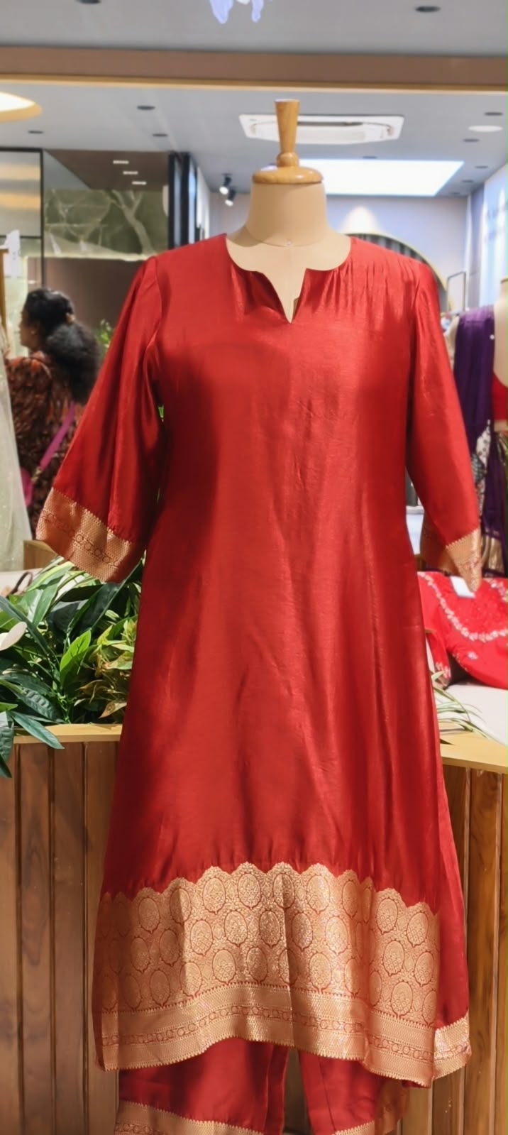 Raw Silk Kurta With Scalloped Asymmetric Hem Ornate Circular Gold Woven Border Detailing and Matching Pants- 17057