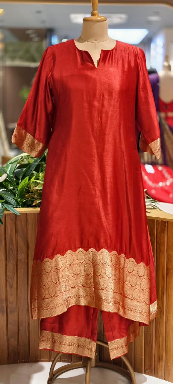 Raw Silk Kurta With Scalloped Asymmetric Hem Ornate Circular Gold Woven Border Detailing and Matching Pants- 17057