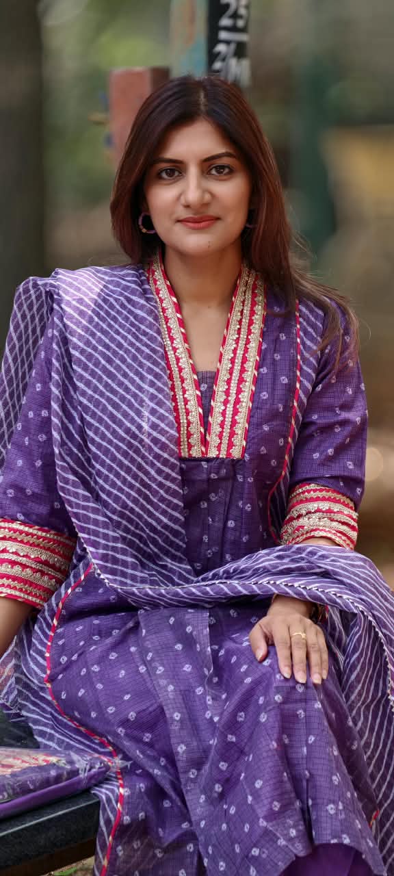 Graceful Purple Gotta Border Pink Highlights Bandhani Dots Kota Doria A-Line Full Suit Set With Dupatta- 16099