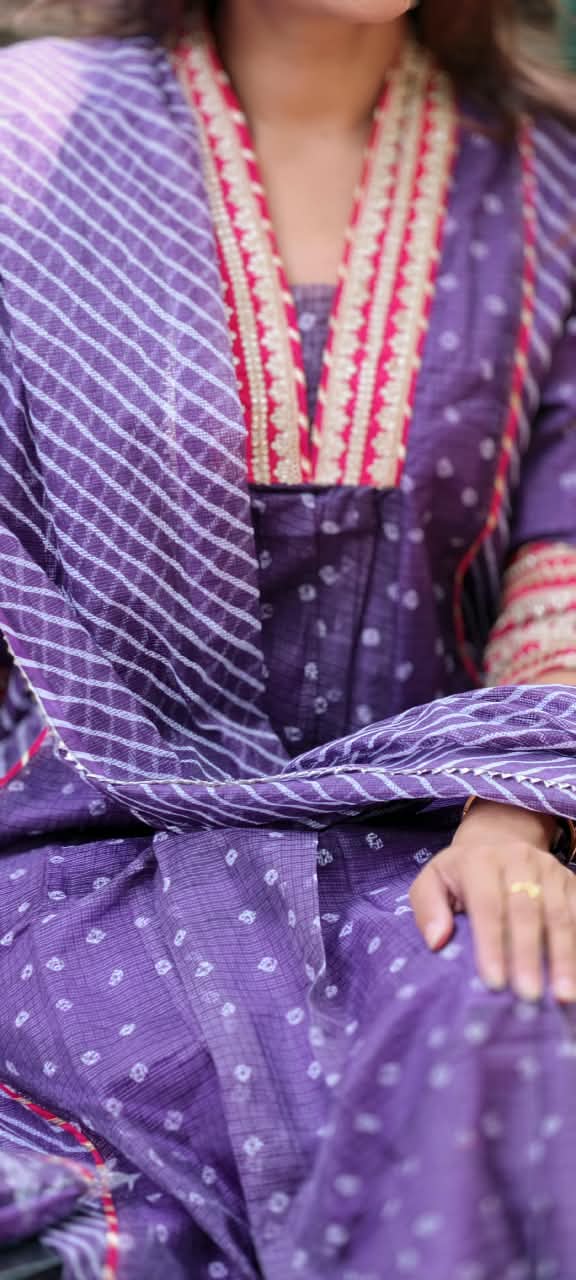 Graceful Purple Gotta Border Pink Highlights Bandhani Dots Kota Doria A-Line Full Suit Set With Dupatta- 16099