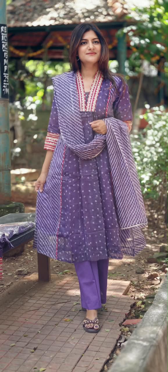 Graceful Purple Gotta Border Pink Highlights Bandhani Dots Kota Doria A-Line Full Suit Set With Dupatta- 16099