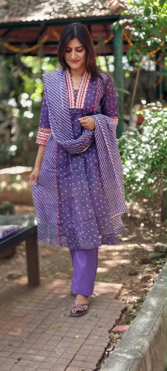 Graceful Purple Gotta Border Pink Highlights Bandhani Dots Kota Doria A-Line Full Suit Set With Dupatta- 16099