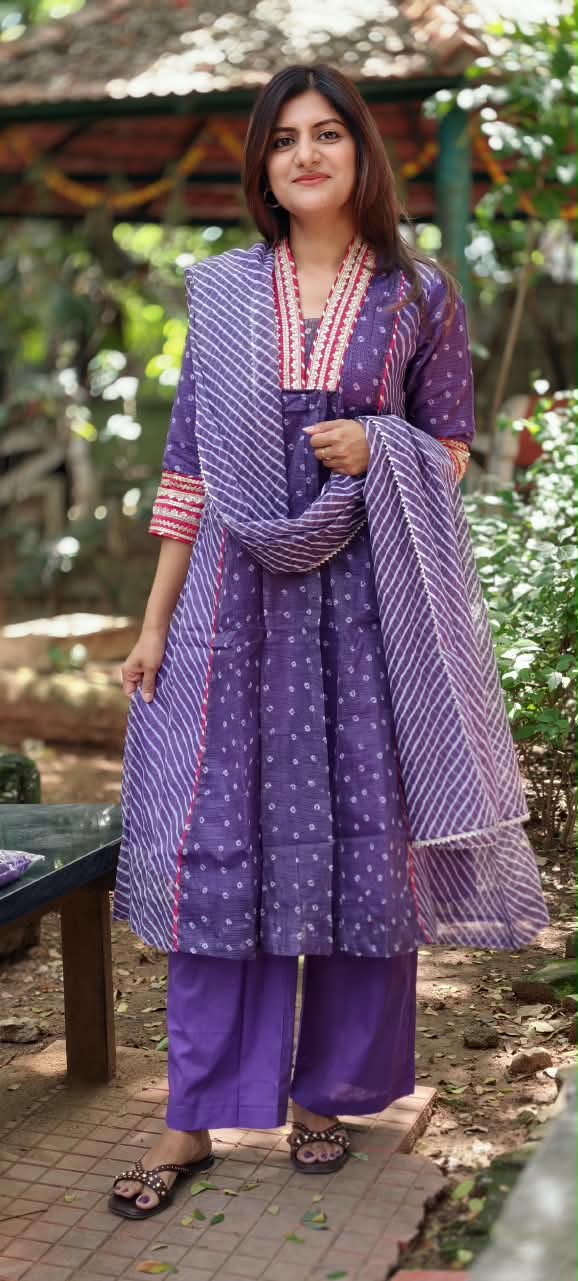 Graceful Purple Gotta Border Pink Highlights Bandhani Dots Kota Doria A-Line Full Suit Set With Dupatta- 16099
