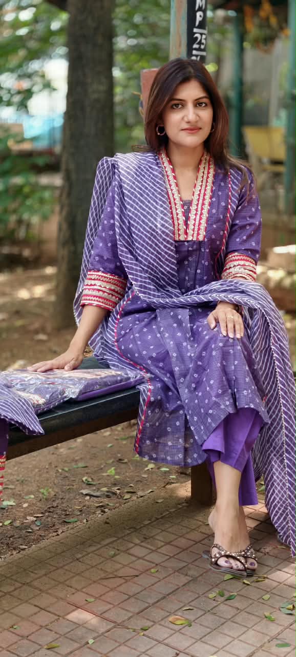 Graceful Purple Gotta Border Pink Highlights Bandhani Dots Kota Doria A-Line Full Suit Set With Dupatta- 16099