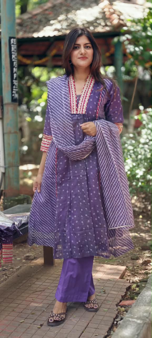 Graceful Purple Gotta Border Pink Highlights Bandhani Dots Kota Doria A-Line Full Suit Set With Dupatta- 16099