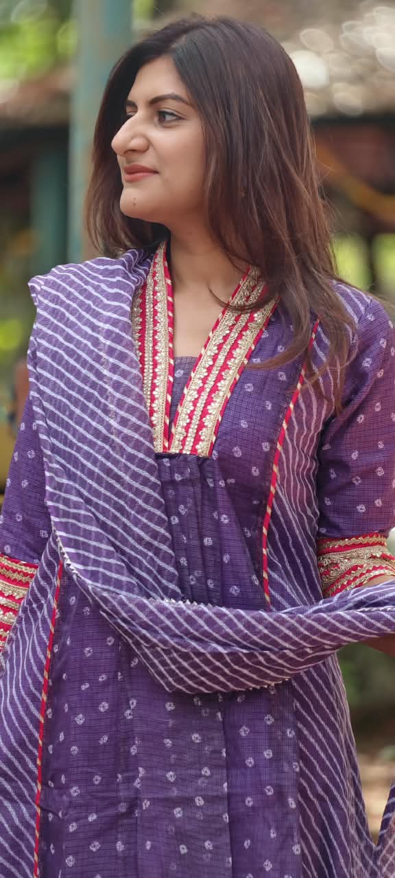 Graceful Purple Gotta Border Pink Highlights Bandhani Dots Kota Doria A-Line Full Suit Set With Dupatta- 16099
