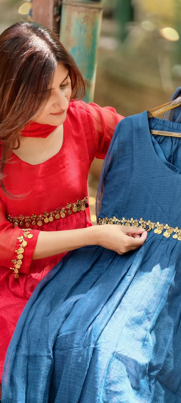 Golden Coin Tassel Over Joint Pure Banarasi Kota Checks Solid Anarkali Full Suit Set With Dupatta- 17013