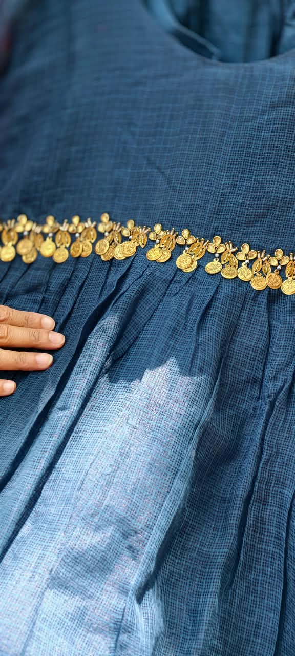 Golden Coin Tassel Over Joint Pure Banarasi Kota Checks Solid Anarkali Full Suit Set With Dupatta- 17013
