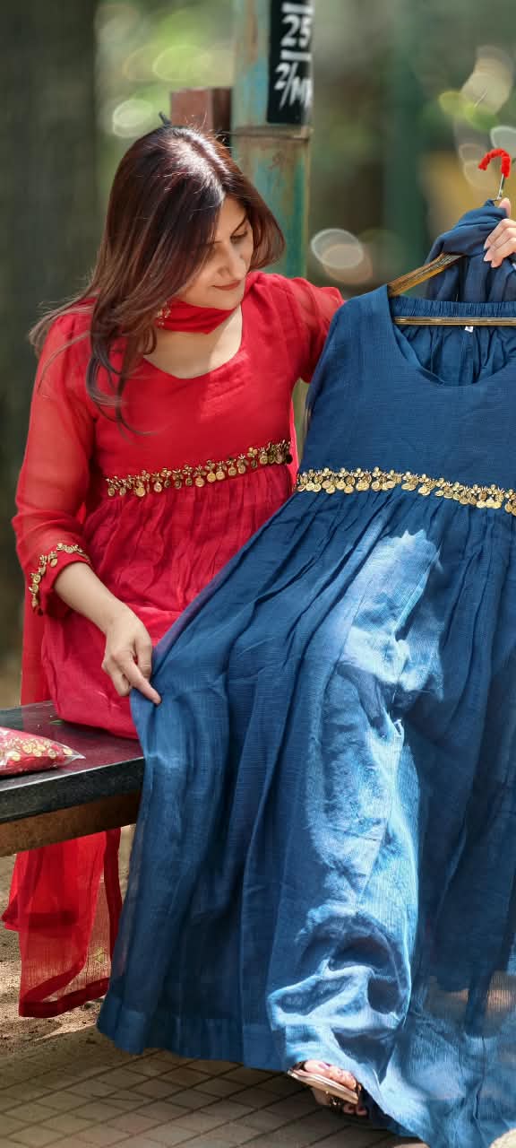 Golden Coin Tassel Over Joint Pure Banarasi Kota Checks Solid Anarkali Full Suit Set With Dupatta- 17013
