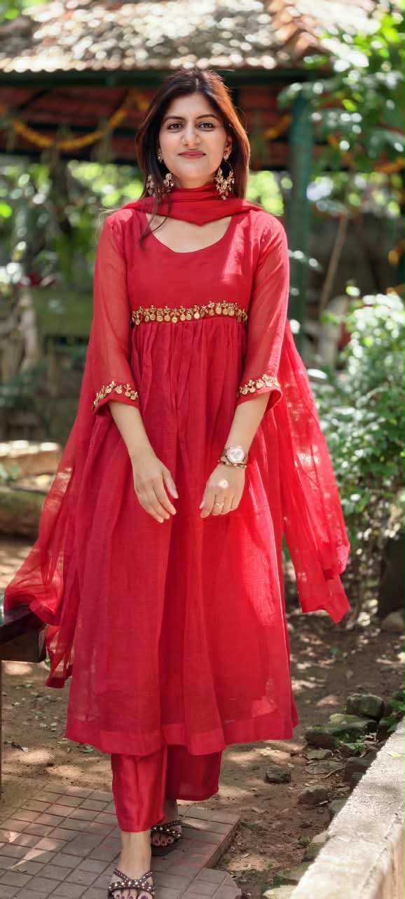 Golden Coin Tassel Over Joint Pure Banarasi Kota Checks Solid Anarkali Full Suit Set With Dupatta- 17013