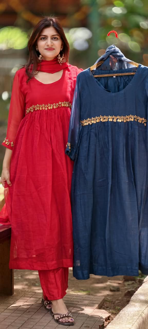 Golden Coin Tassel Over Joint Pure Banarasi Kota Checks Solid Anarkali Full Suit Set With Dupatta- 17013