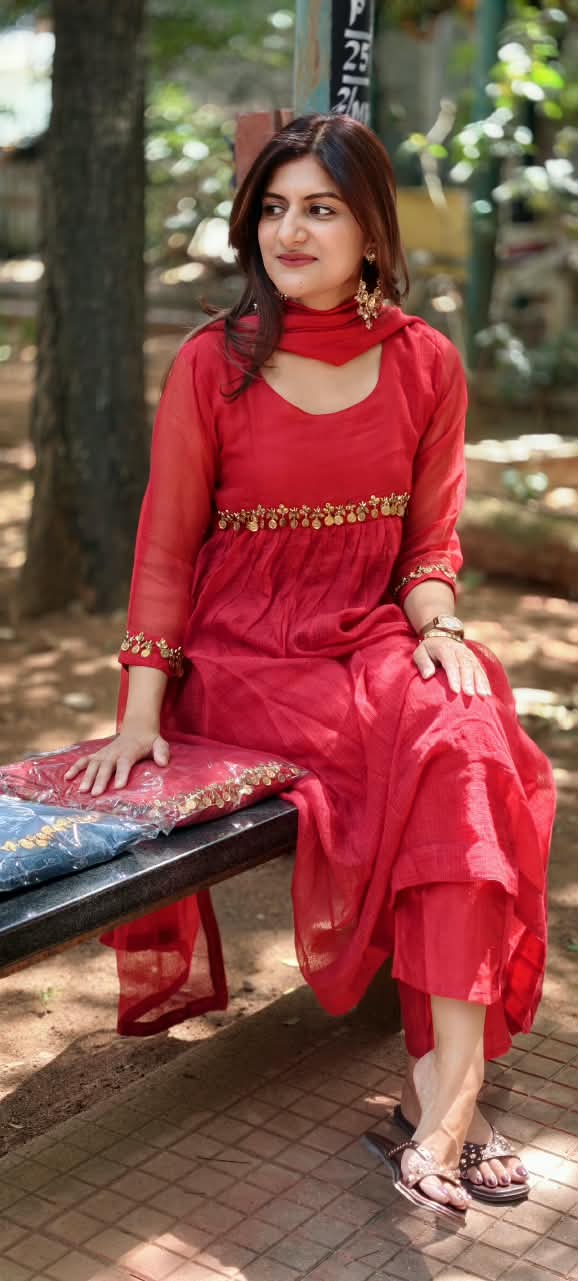 Golden Coin Tassel Over Joint Pure Banarasi Kota Checks Solid Anarkali Full Suit Set With Dupatta- 17013