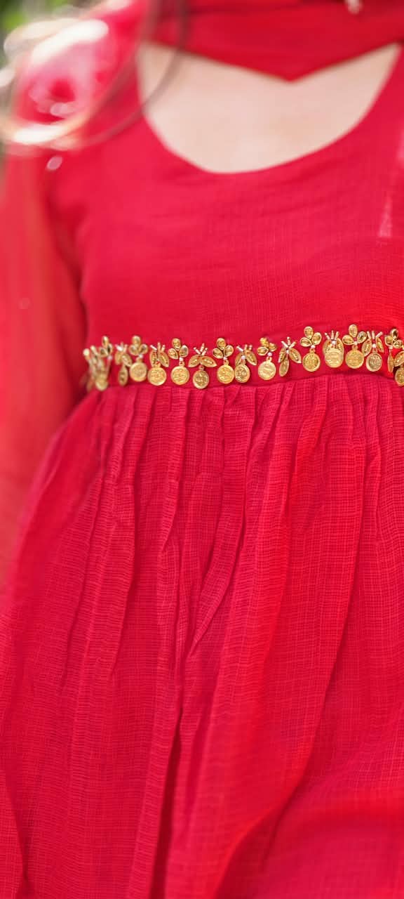 Golden Coin Tassel Over Joint Pure Banarasi Kota Checks Solid Anarkali Full Suit Set With Dupatta- 17013