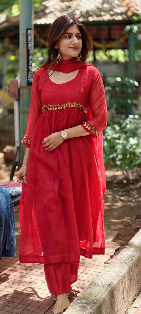 Golden Coin Tassel Over Joint Pure Banarasi Kota Checks Solid Anarkali Full Suit Set With Dupatta- 17013