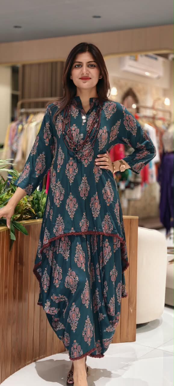 Floral Block Paisley Printed Asymmetrical Layered Attached Cotton Indo-Wear with Fringe Trims and Statement Thread Necklace- 17023