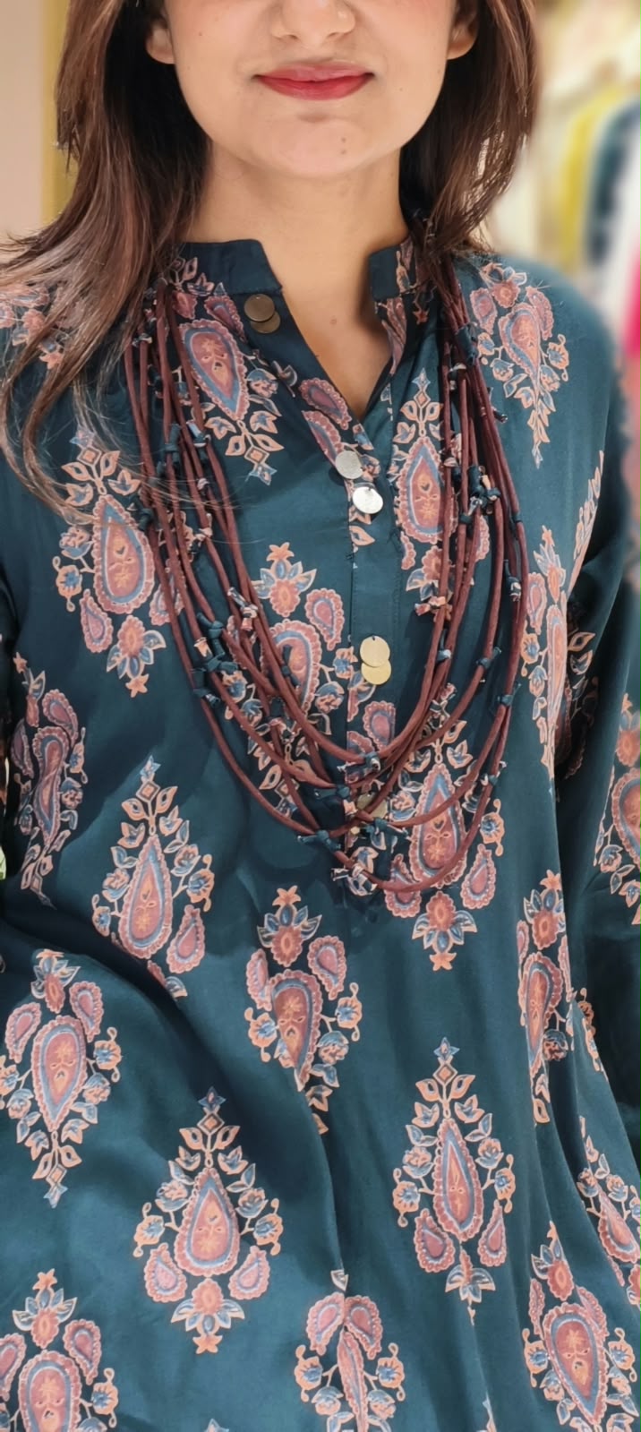 Floral Block Paisley Printed Asymmetrical Layered Attached Cotton Indo-Wear with Fringe Trims and Statement Thread Necklace- 17023
