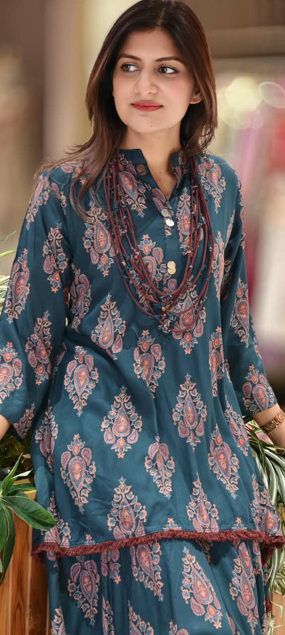 Floral Block Paisley Printed Asymmetrical Layered Attached Cotton Indo-Wear with Fringe Trims and Statement Thread Necklace- 17023
