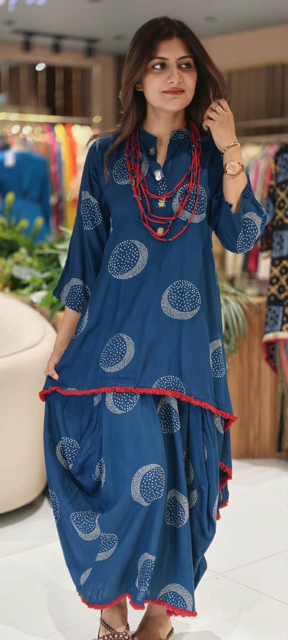 Blue Crescent Circle Printed Asymmetrical Layered Attached Indo-Wear with Red Fringe Border and Statement Thread Necklace- 17024