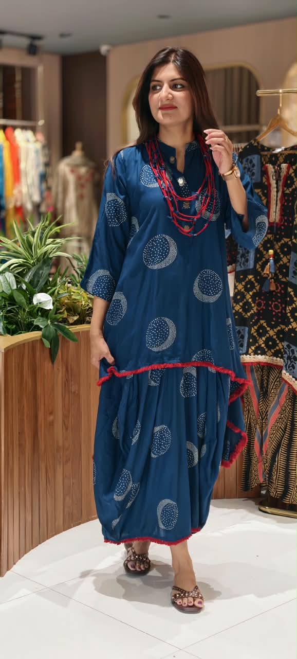 Blue Crescent Circle Printed Asymmetrical Layered Attached Indo-Wear with Red Fringe Border and Statement Thread Necklace- 17024
