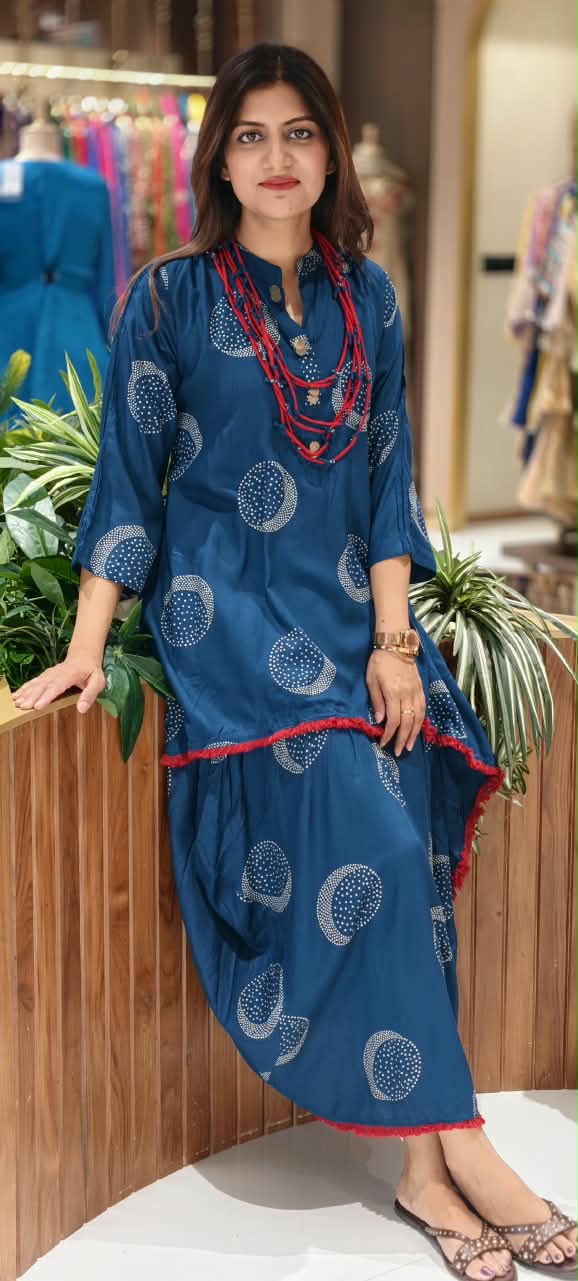 Blue Crescent Circle Printed Asymmetrical Layered Attached Indo-Wear with Red Fringe Border and Statement Thread Necklace- 17024