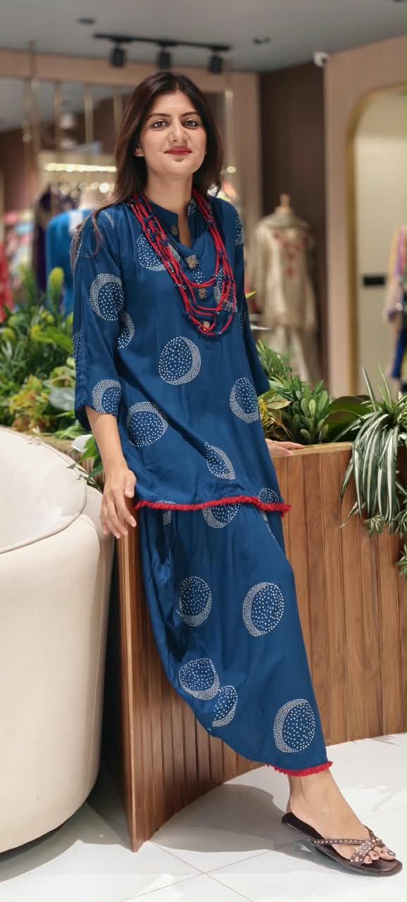 Blue Crescent Circle Printed Asymmetrical Layered Attached Indo-Wear with Red Fringe Border and Statement Thread Necklace- 17024
