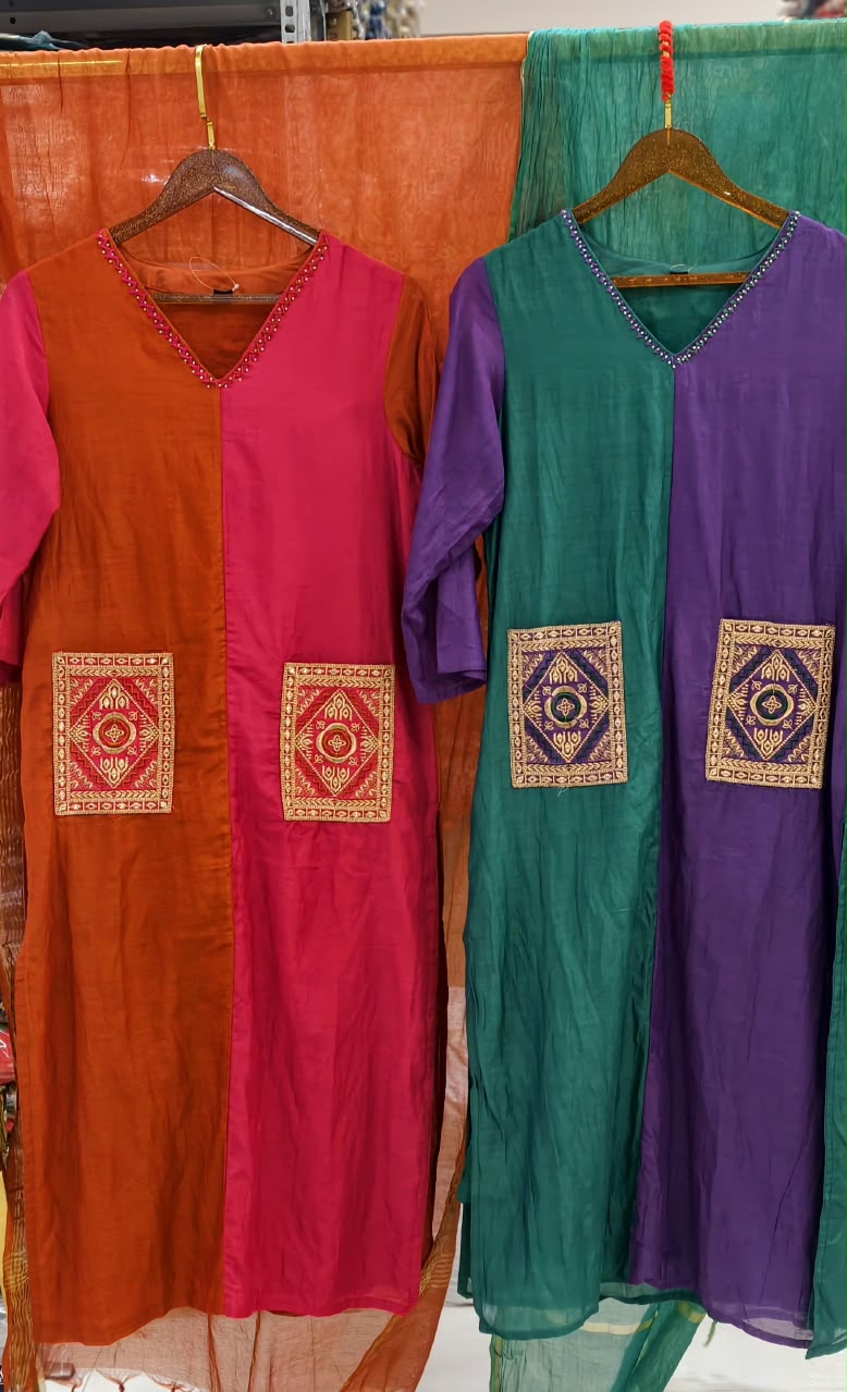 Dual Tone V-Neck Square Pocket Accented Mul-Chanderi Full Suit Set With Dupatta- 17017