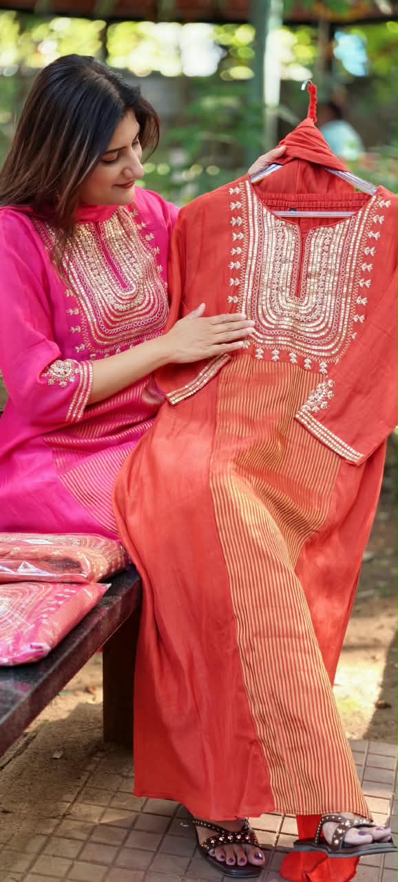 Vibrant A-Line Golden Striped Sequin Ensemble Mul-Chanderi Full Suit Set With Dupatta- 17009