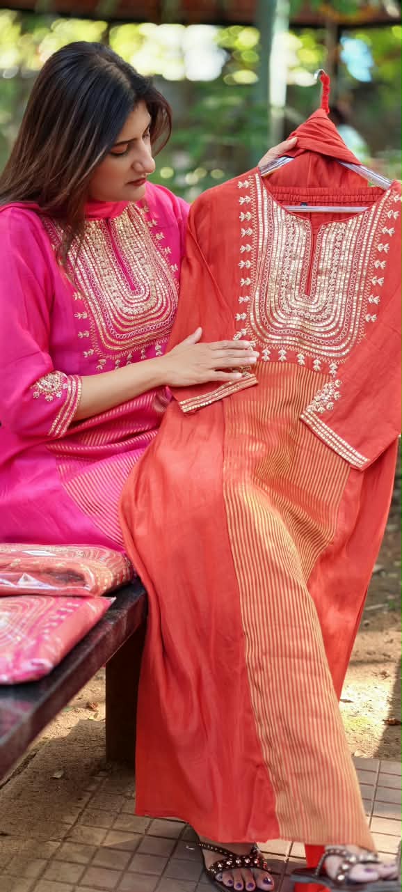 Vibrant A-Line Golden Striped Sequin Ensemble Mul-Chanderi Full Suit Set With Dupatta- 17009