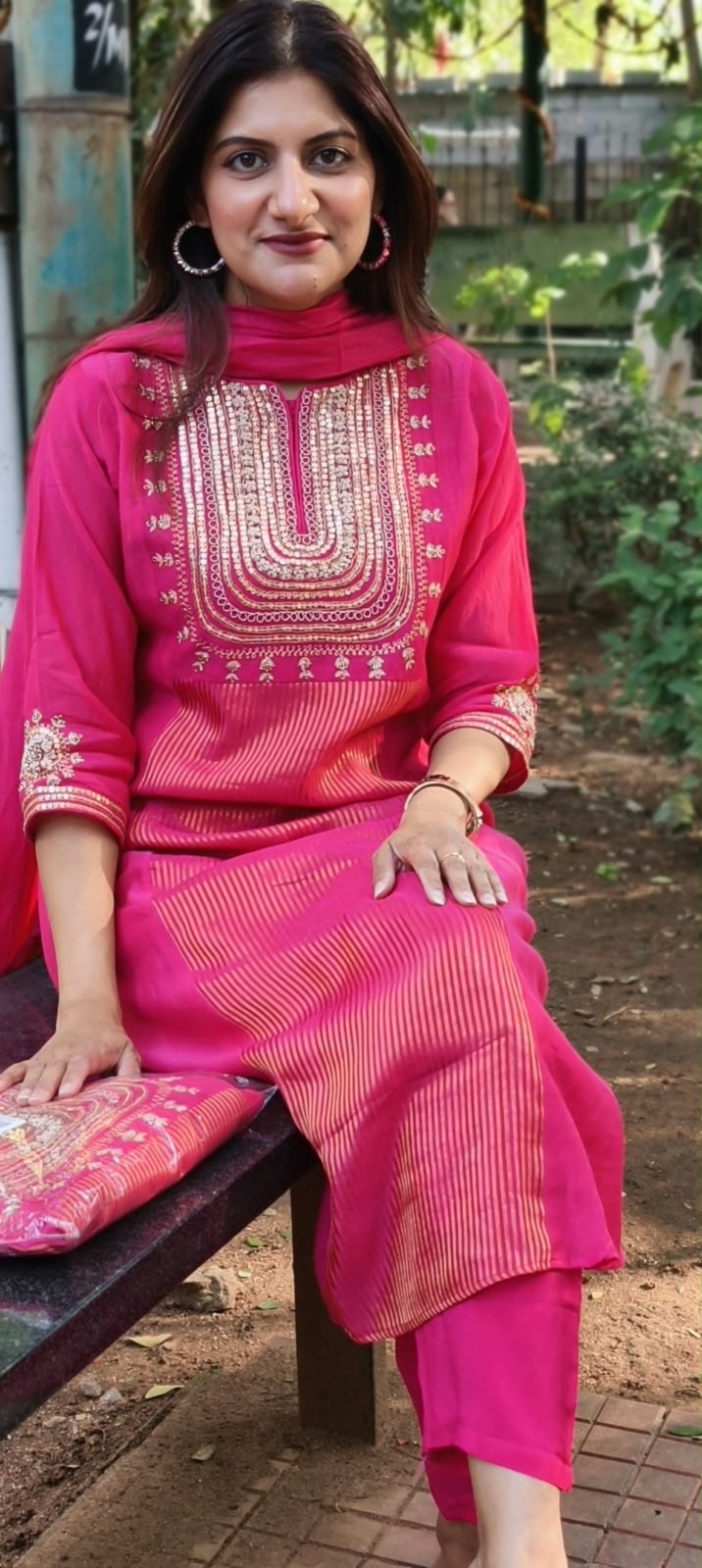 Vibrant A-Line Golden Striped Sequin Ensemble Mul-Chanderi Full Suit Set With Dupatta- 17009