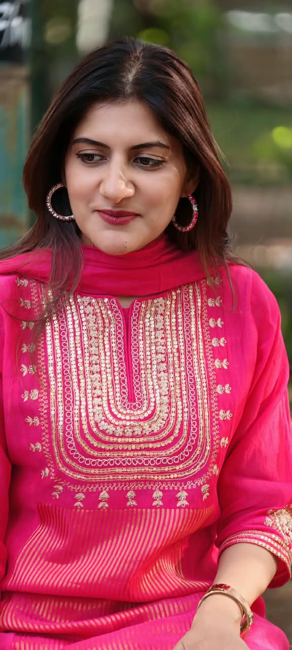 Vibrant A-Line Golden Striped Sequin Ensemble Mul-Chanderi Full Suit Set With Dupatta- 17009