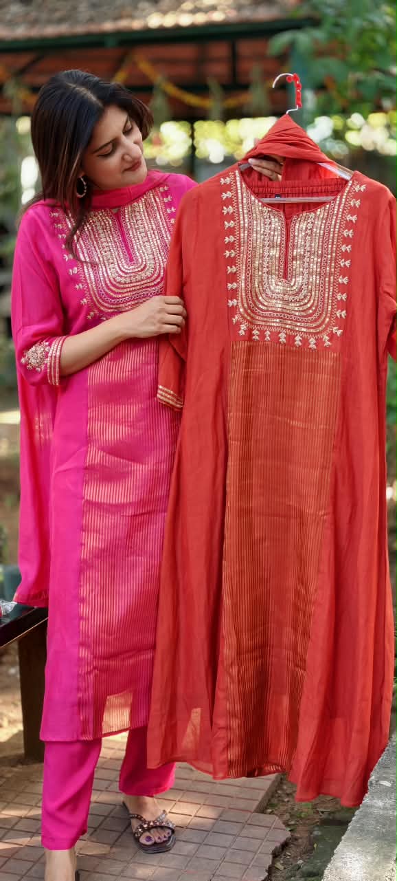 Vibrant A-Line Golden Striped Sequin Ensemble Mul-Chanderi Full Suit Set With Dupatta- 17009
