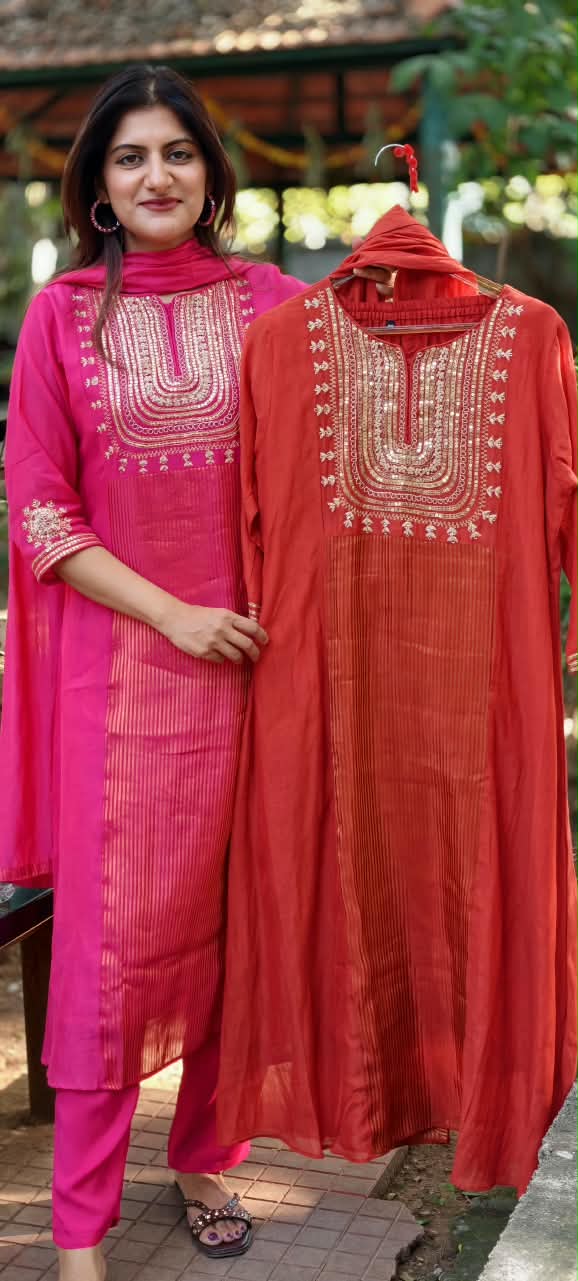 Vibrant A-Line Golden Striped Sequin Ensemble Mul-Chanderi Full Suit Set With Dupatta- 17009