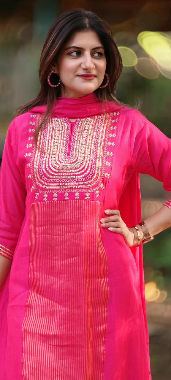 Vibrant A-Line Golden Striped Sequin Ensemble Mul-Chanderi Full Suit Set With Dupatta- 17009