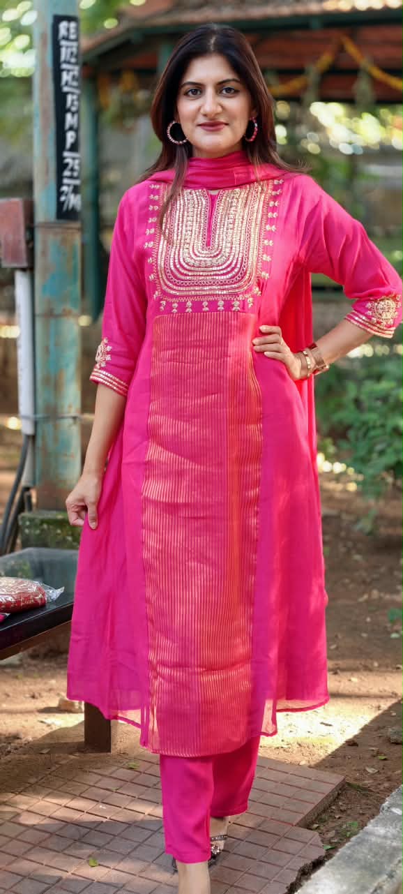 Vibrant A-Line Golden Striped Sequin Ensemble Mul-Chanderi Full Suit Set With Dupatta- 17009