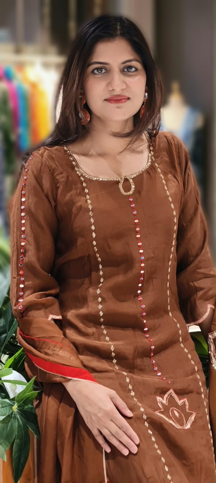 Real Mirror With Cut-Dana Panel Work Mul-Chanderi A-Line Full Suit Set With Matching Dupatta- 17070