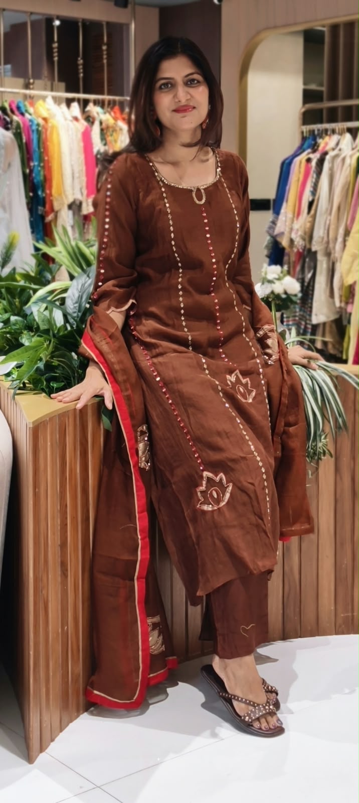 Real Mirror With Cut-Dana Panel Work Mul-Chanderi A-Line Full Suit Set With Matching Dupatta- 17070