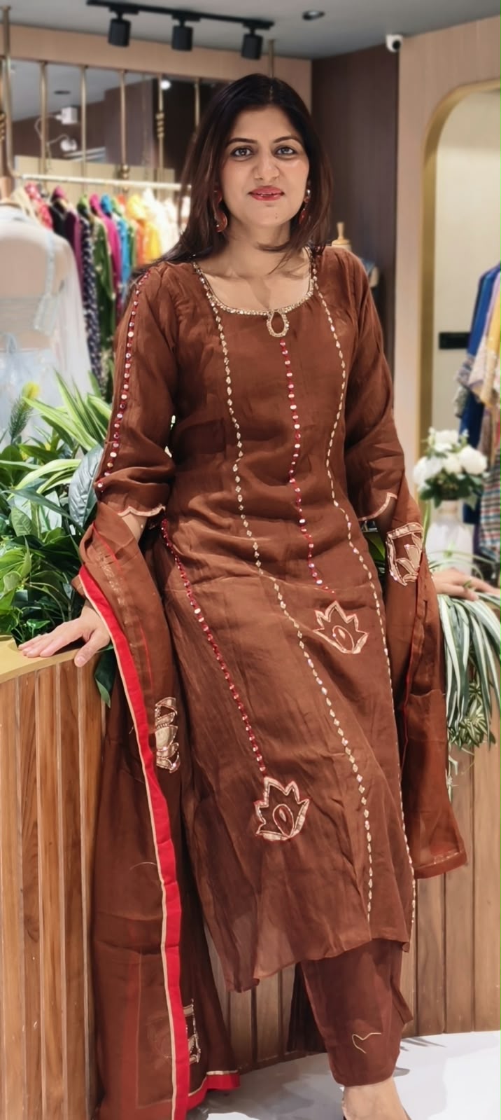 Real Mirror With Cut-Dana Panel Work Mul-Chanderi A-Line Full Suit Set With Matching Dupatta- 17070