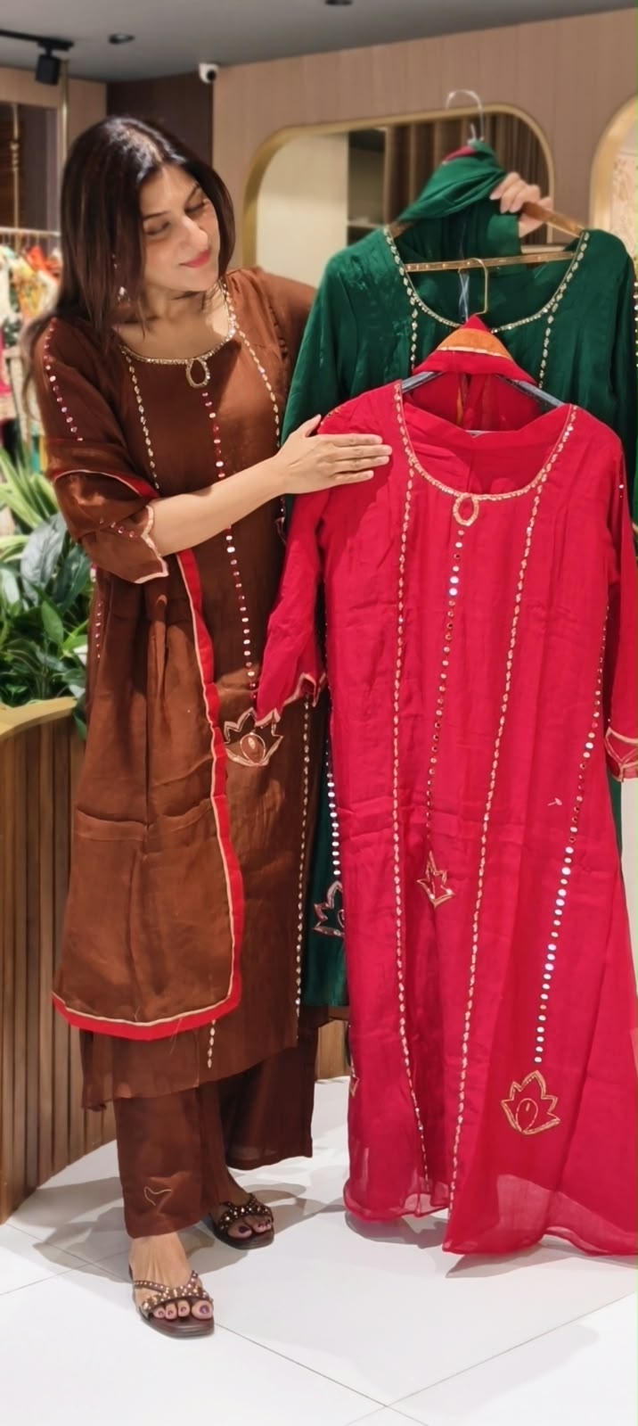 Real Mirror With Cut-Dana Panel Work Mul-Chanderi A-Line Full Suit Set With Matching Dupatta- 17070
