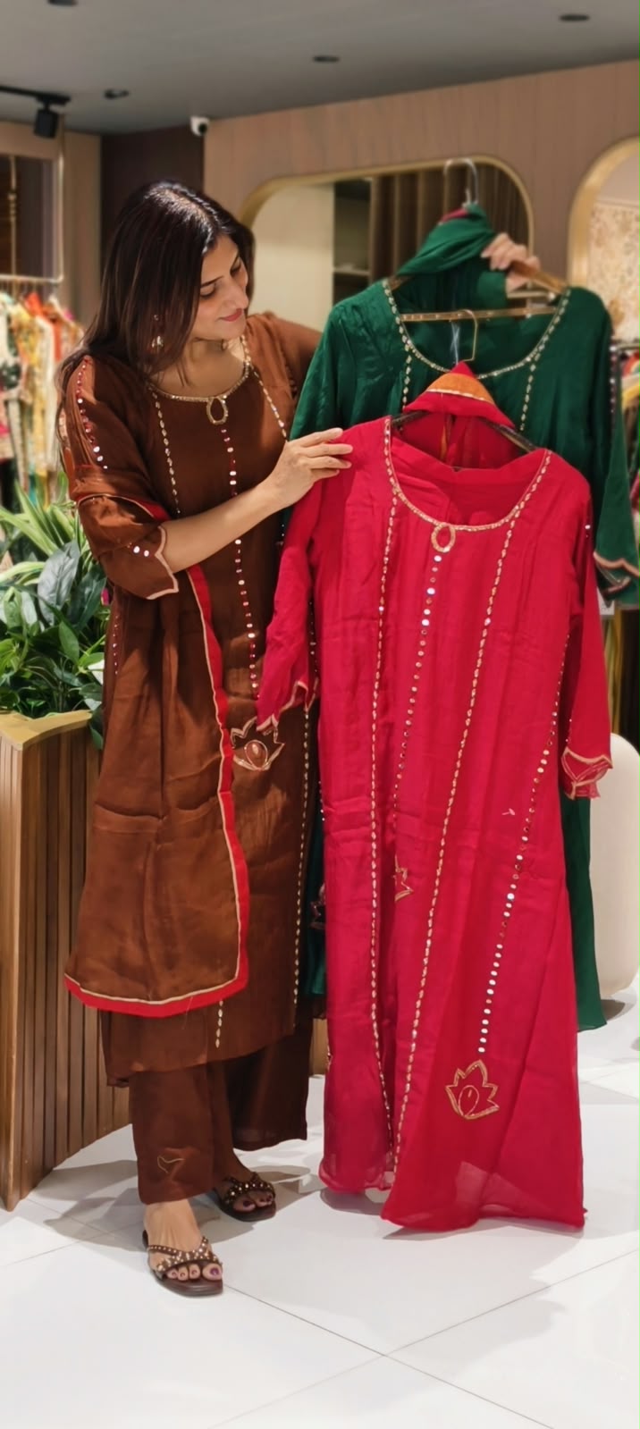 Real Mirror With Cut-Dana Panel Work Mul-Chanderi A-Line Full Suit Set With Matching Dupatta- 17070